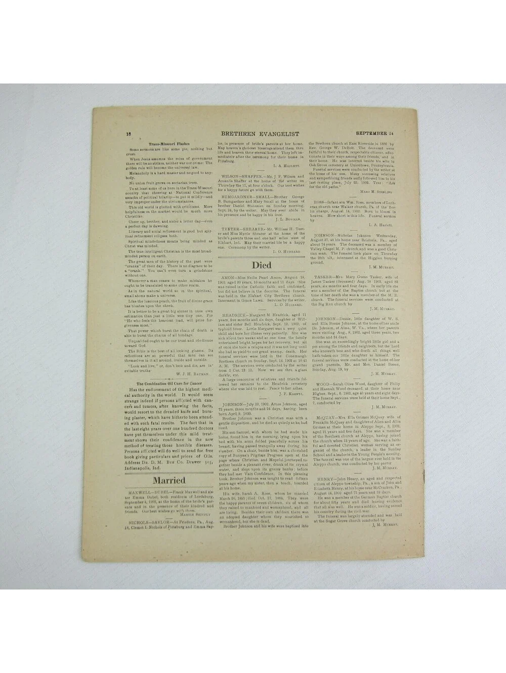 Brethren Evangelist Christian Newspaper Ashland Ohio Antique September 24th 1902